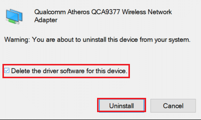 confirme el indicador de desinstalación del controlador de red