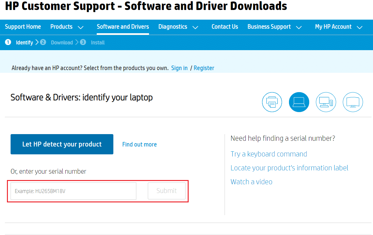 digite o número de série do laptop na página de download do driver hp