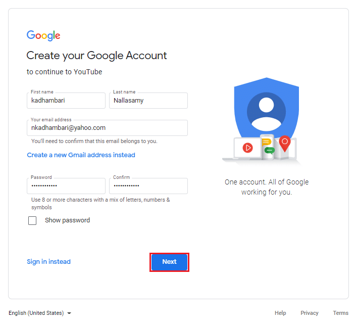 Preencha as informações na página de criação da conta do Google