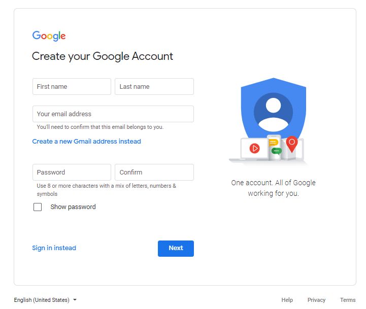 Preencha as informações na página de criação da conta do Google.