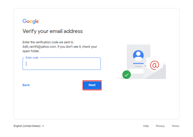 Entrez le code pour vérifier l'adresse e-mail | Comment créer un compte YouTube sans Gmail