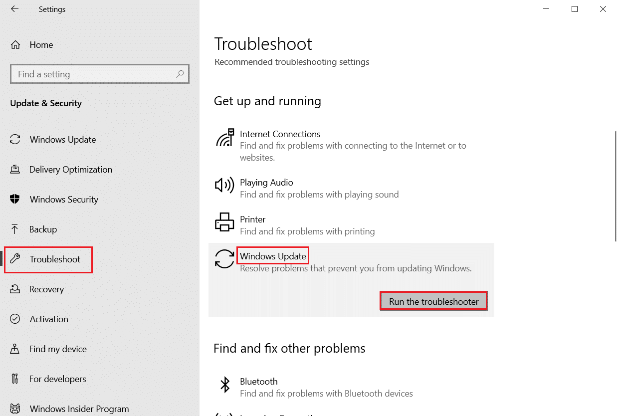 klik Troubleshoot dari pengaturan Update and Security dan pilih Windows Update troubleshooter dan klik Run the troubleshooter. Perbaiki kesalahan Pembaruan Windows 10 0x80070103