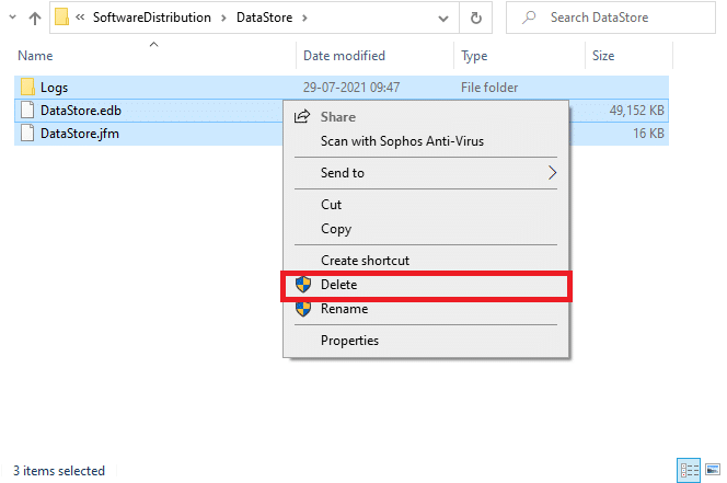 Di sini, pilih opsi Hapus untuk menghapus semua file dan folder dari lokasi DataStore. Perbaiki kesalahan Pembaruan Windows 10 0x80070103