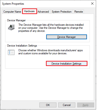 Em seguida, alterne para a guia Hardware na janela pop-up Propriedades do sistema e clique na opção Configurações de instalação do dispositivo