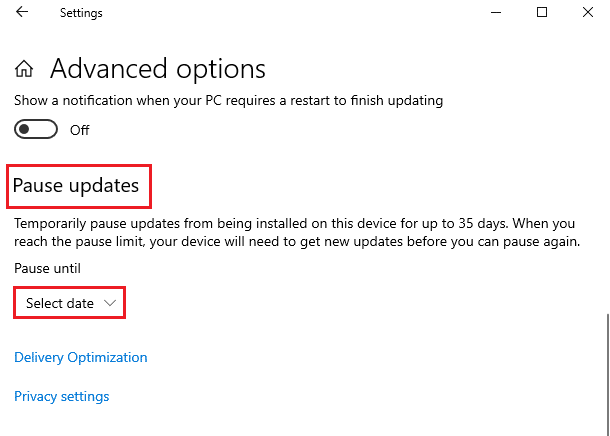 Na próxima janela, role para baixo até a seção Pausar atualizações e clique em Selecionar data