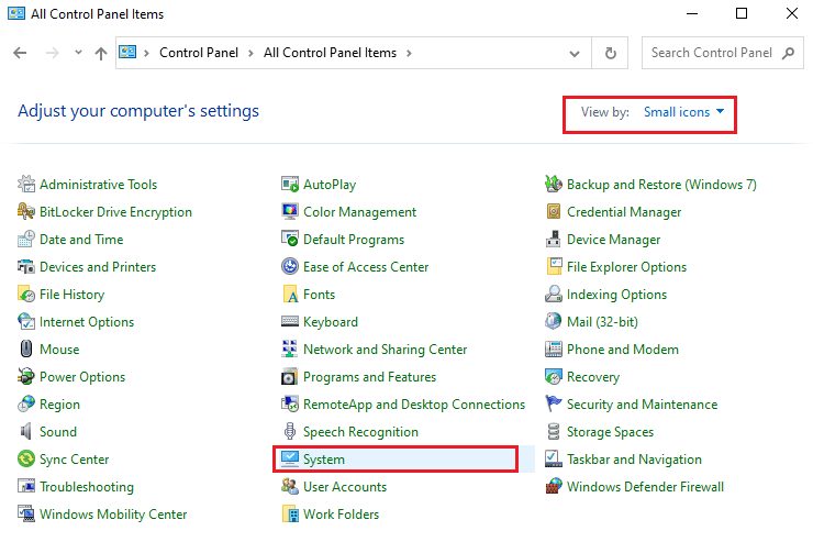 ตอนนี้ตั้งค่าตัวเลือก View by เป็น Small icons แล้วคลิกที่ System | วิธีแก้ไขข้อผิดพลาด Windows Update 0x80070103