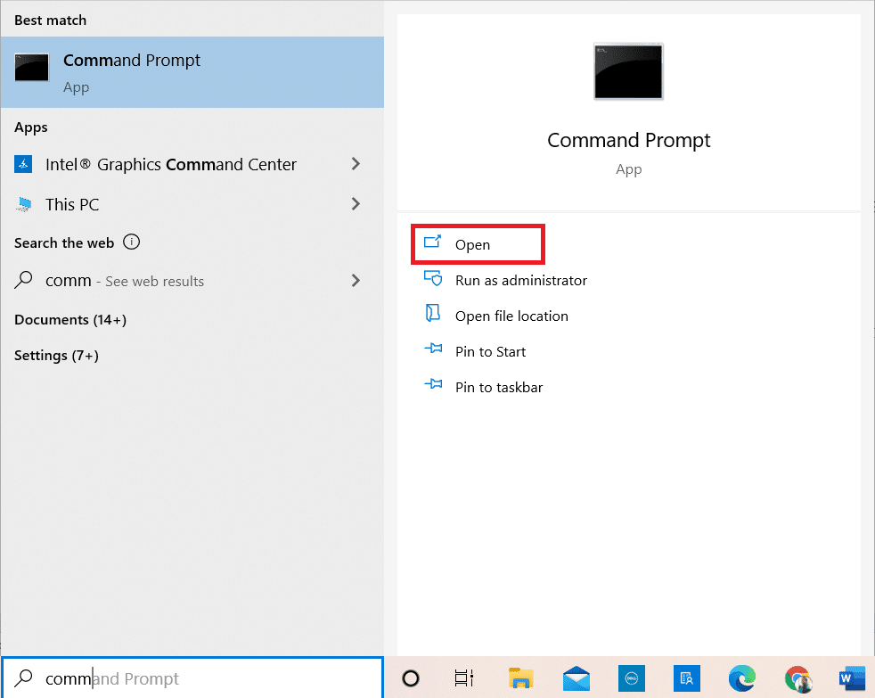 พิมพ์ Command Prompt บนแถบค้นหาของ Windows แล้วคลิก Open เพื่อเปิดใช้