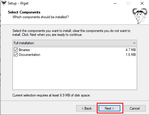 Selectați componenta necesară și faceți clic pe Următorul | WGET pentru Windows 10