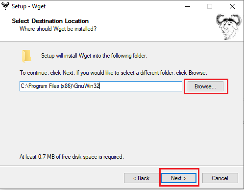 Pilih folder tujuan untuk menyimpan Setup dan klik Next | Instal WGET untuk Windows