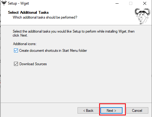 Pilih ikon tambahan yang diperlukan dan klik Berikutnya | Instal WGET untuk Windows