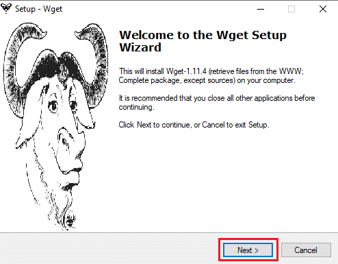 เริ่มการตั้งค่า Wget แล้วคลิกถัดไป | ติดตั้ง WGET สำหรับ Windows