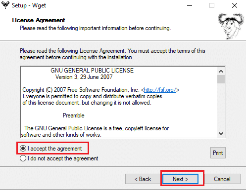 Terima perjanjian Lisensi dan klik Berikutnya | Instal WGET untuk Windows