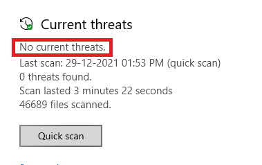 현재 위협 없음 경고를 표시합니다. Windows 오류 0 ERROR_SUCCESS 수정 작업이 성공적으로 완료되었습니다.