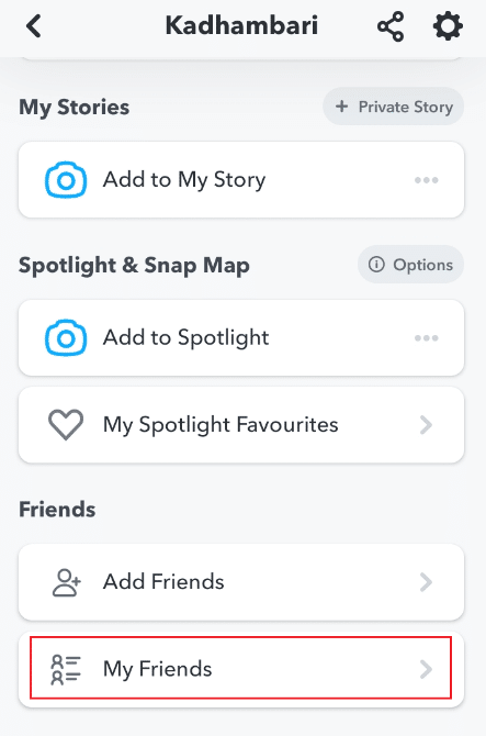 Toque Mis amigos en la página de perfil de Snapchat