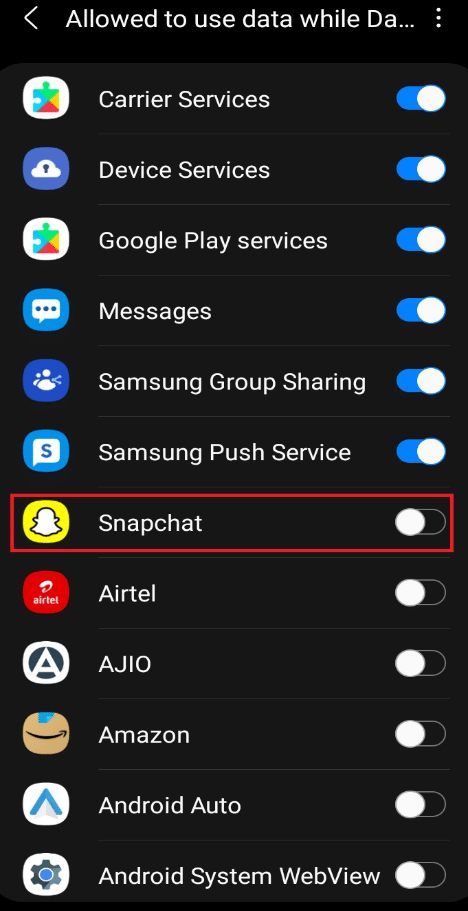 ค้นหา Snapchat เพื่อยกเว้นจากโปรแกรมรักษาข้อมูลและสลับเป็นเปิด