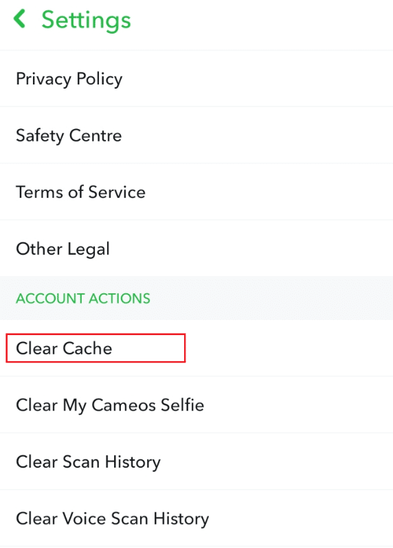 Toque Borrar caché en la configuración de Snapchat