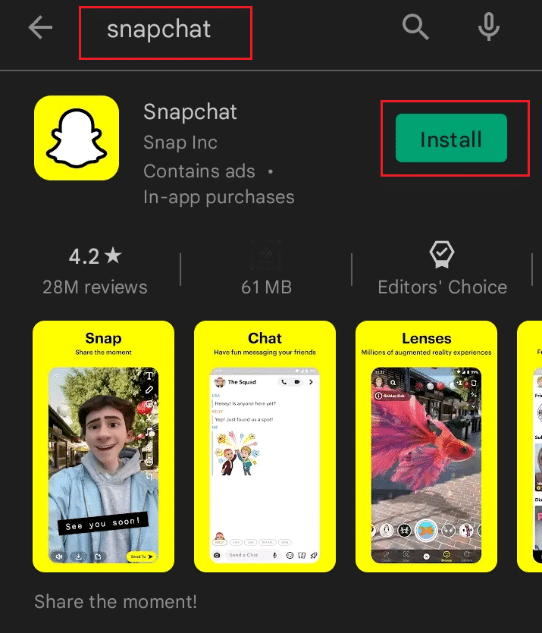 Installez l'application Snapchat depuis Play Store | réparer Snapchat ne chargera pas les histoires