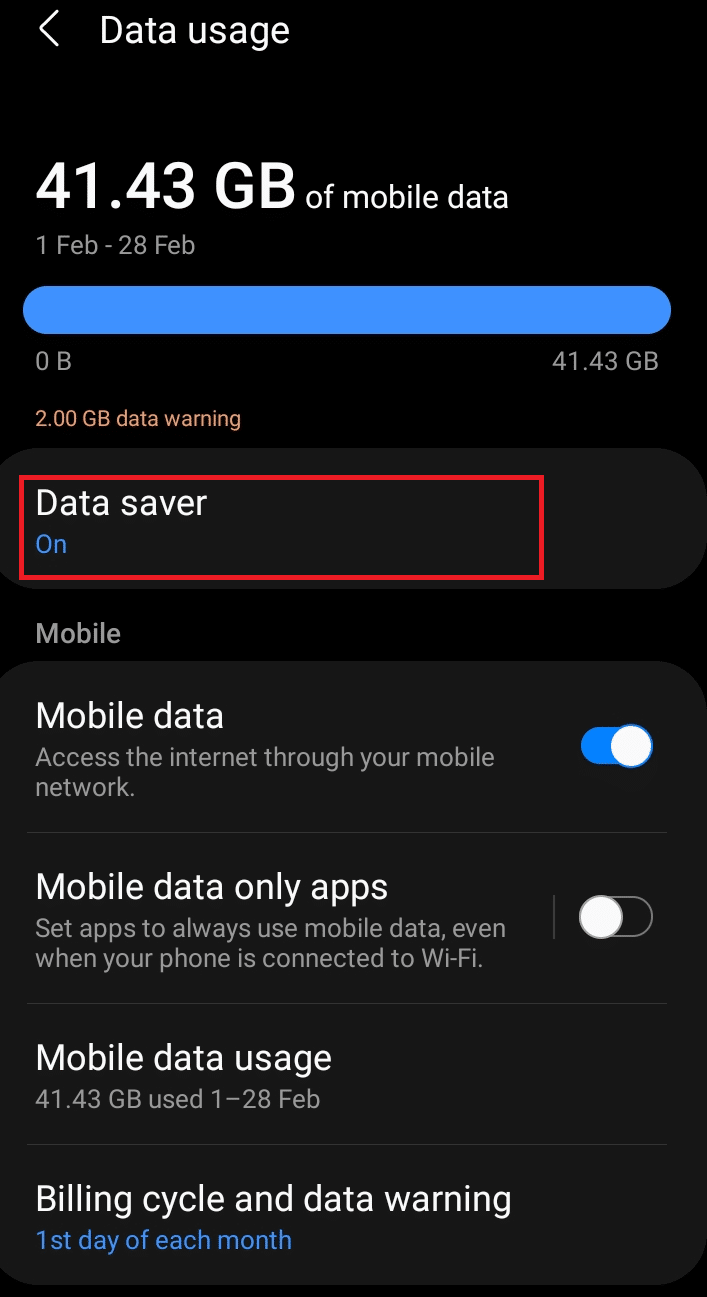 Atingeți opțiunea Data saver on Data usage