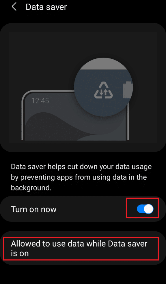 Włącz opcję Włącz teraz dla Oszczędzania danych, a następnie dotknij Dozwolone korzystanie z danych, gdy Oszczędzanie danych jest włączone | napraw Snapchat nie wczytuje historii