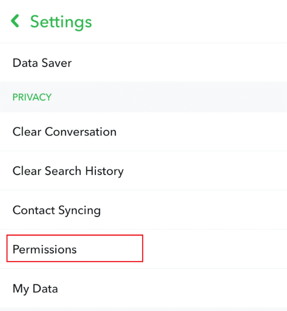 Toque la opción Permisos en la configuración de Snapchat