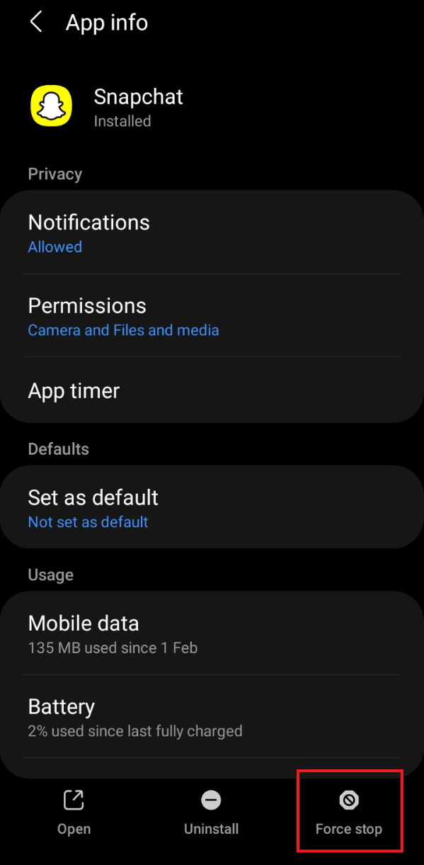 Sur la page d'informations de l'application Snapchat, appuyez sur l'icône Forcer l'arrêt | réparer Snapchat ne chargera pas les histoires