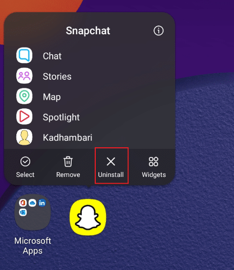 Tekan lama aplikasi Snapchat dan ketuk opsi uninstall untuk menghapus aplikasi