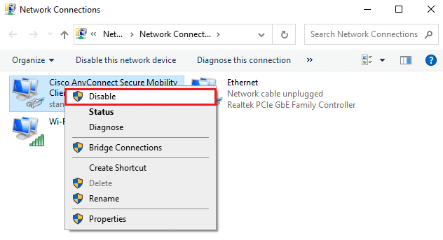 Agora clique com o botão direito do mouse no adaptador e selecione a opção Desativar. Corrigir Sua conexão foi interrompida no Microsoft Edge