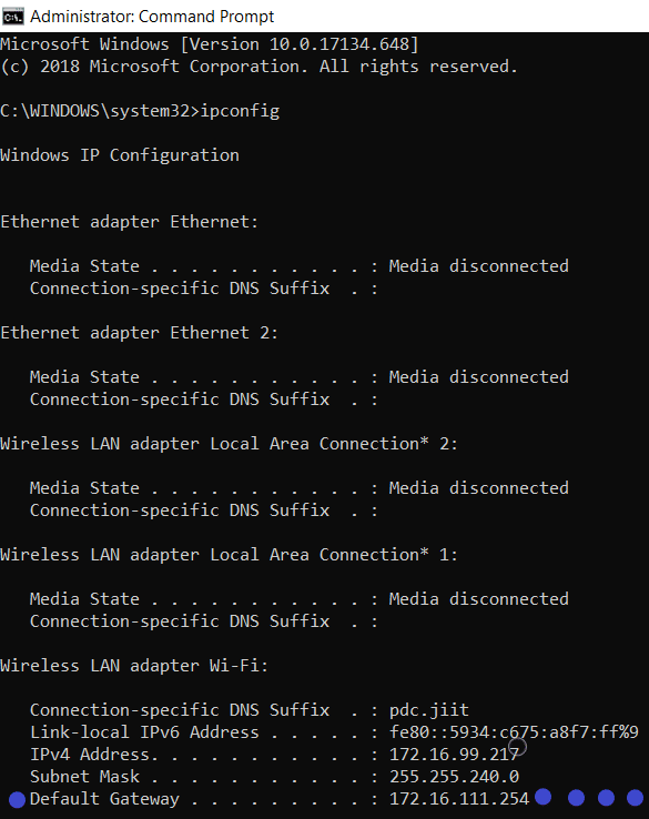 encuentre los detalles de la puerta de enlace predeterminada después de ejecutar el comando ipconfig en cmd o en el símbolo del sistema