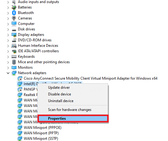 clique com o botão direito do mouse no adaptador de rede e selecione a opção Propriedades. Corrigir Sua conexão foi interrompida no Microsoft Edge