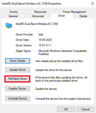 드라이버 탭으로 전환하고 드라이버 롤백을 선택합니다. ERR 연결 재설정 Windows 10 수정
