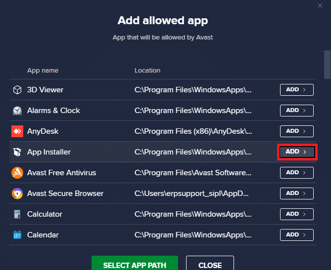 앱 설치 프로그램을 클릭하고 추가 버튼을 선택하여 Avast Free Antivirus에서 제외를 추가합니다. Windows 10에서 Teamviewer가 연결되지 않는 문제 수정