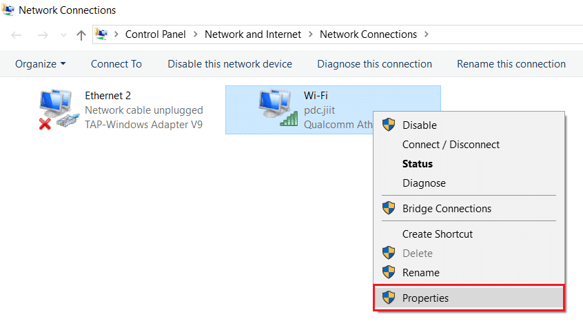 Wi-Fi와 같은 네트워크 연결을 마우스 오른쪽 버튼으로 클릭하고 속성을 선택합니다. Teamviewer가 준비되지 않은 문제 수정 연결 확인