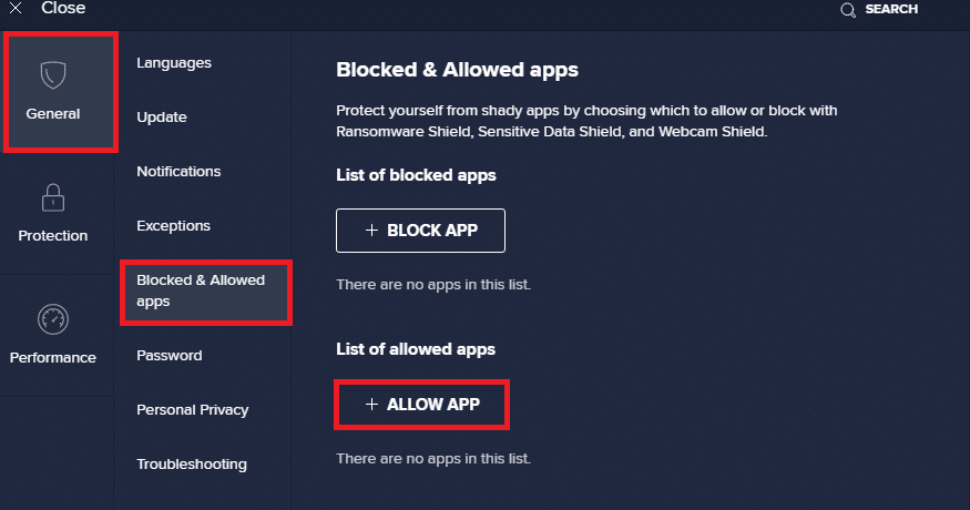 일반, 차단 및 허용 앱을 차례로 선택하고 Avast Free Antivirus 설정에서 앱 허용 버튼을 클릭합니다. Teamviewer가 준비되지 않은 문제 수정 연결 확인