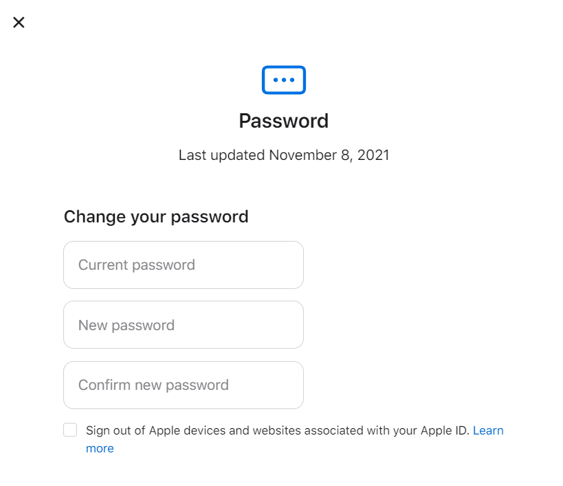 新しいパスワードを選択し、現在のパスワードを入力します