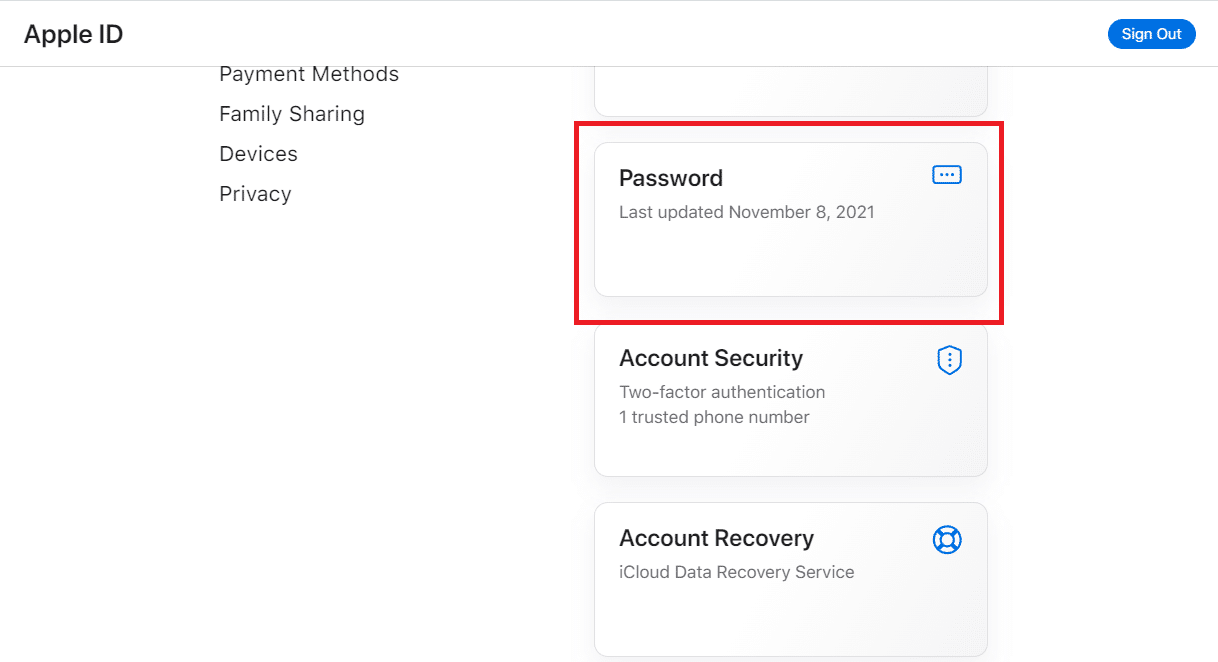 点击密码。修复连接到 Apple ID 服务器的验证失败错误