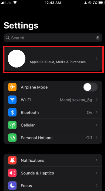 iPhoneのプロファイルオプションに移動して、Apple ID、icloud設定にアクセスします