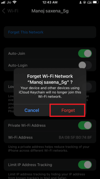 选择忘记。修复连接到 Apple ID 服务器的验证失败错误