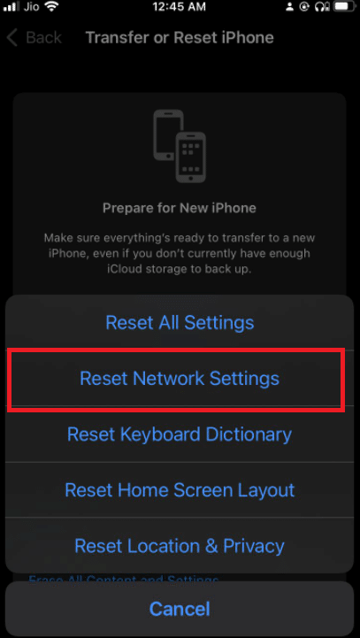 Toque Restablecer configuración de red. Solucionar el error de verificación fallida al conectarse al servidor de ID de Apple