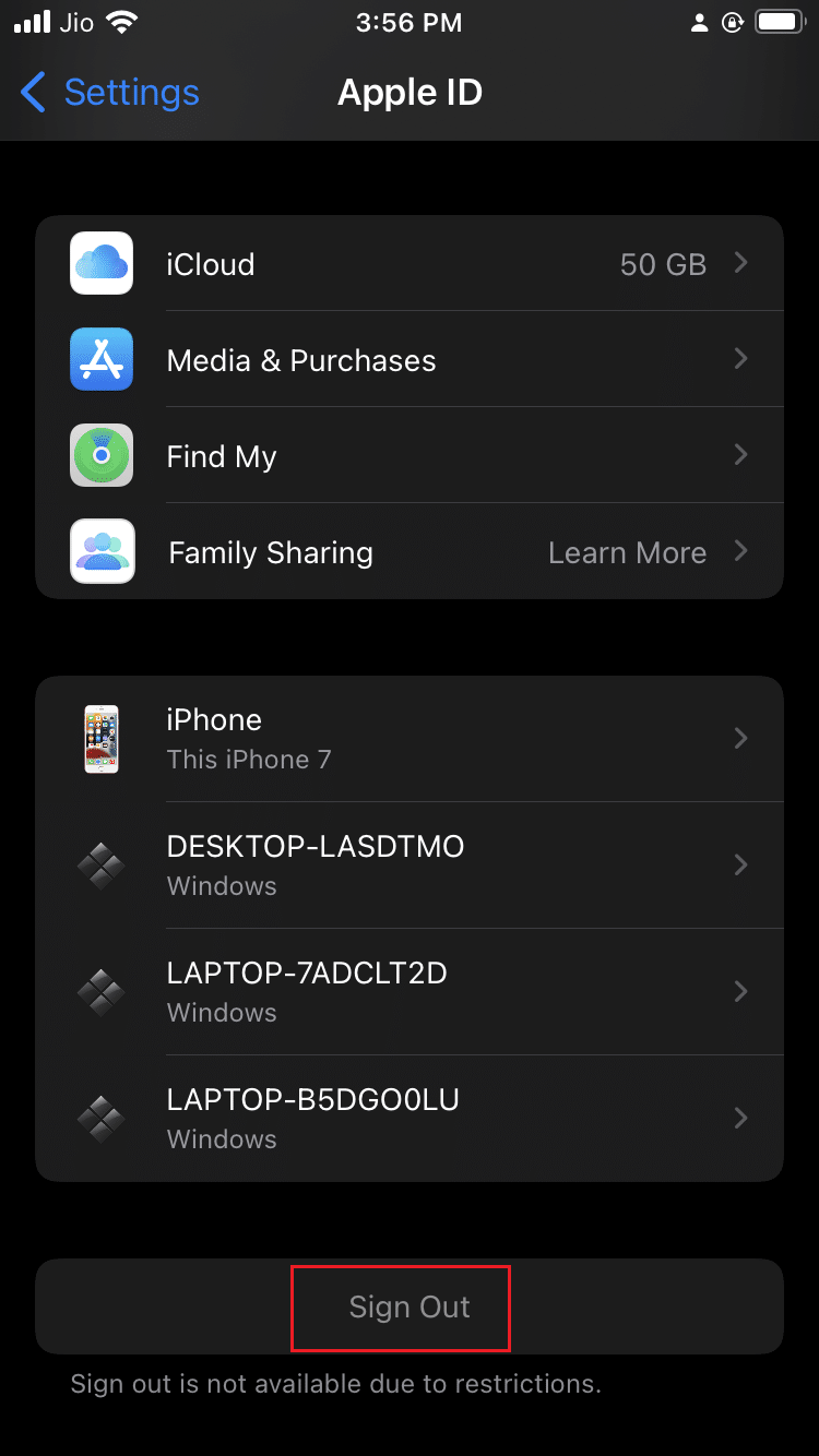 appuyez sur l'option de déconnexion dans le menu du profil Apple ID iphone
