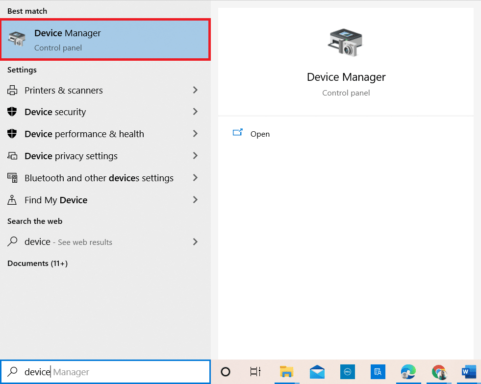在 Windows 10 搜索菜单中键入设备管理器并打开它