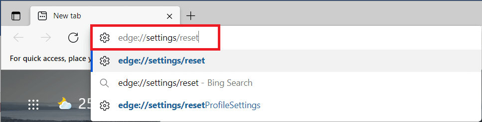 Введите ссылку быстрого доступа в строке поиска, чтобы напрямую открыть страницу Reset Edge.