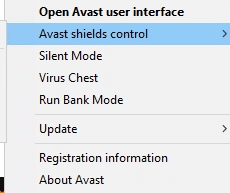 现在，选择 Avast shields control 选项，您可以暂时禁用 Avast