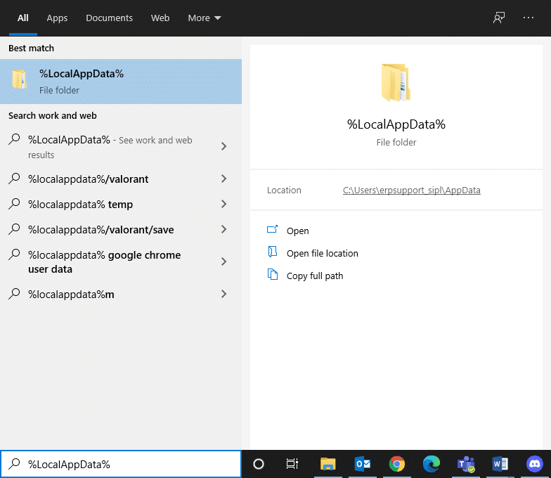 Откройте LocalAppData из панели поиска Windows