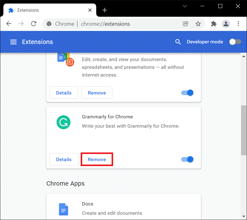Chrome 확장 프로그램 제거 옵션
