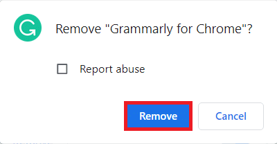 Invite de confirmation pour supprimer l'extension de Chrome