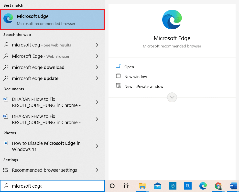 Wpisz Microsoft Edge w pasku wyszukiwania Windows i otwórz go | RESULT_CODE_HUNG