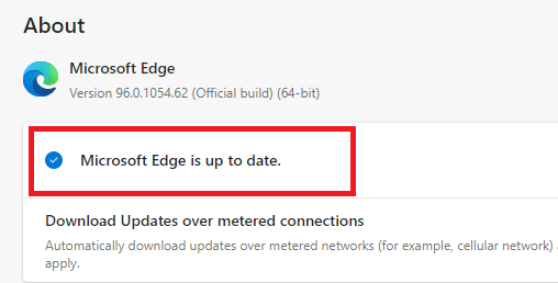 Tarayıcı güncelse, Microsoft Edge'in güncel olduğunu gösterir | SONUÇ_CODE_HUNG