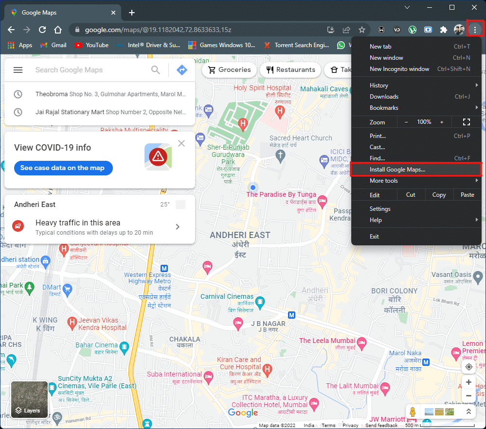 Google Maps จะโหลดในเบราว์เซอร์ หลังจากนี้คลิกที่จุดสามจุดที่ด้านบนขวาของเบราว์เซอร์เพื่อเปิดเมนูเล็กๆ ให้เลือกตัวเลือกในการติดตั้ง Google Maps จากที่นี่