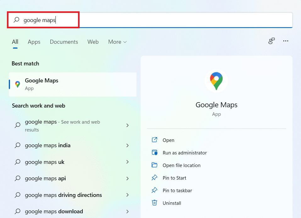 พิมพ์ Google Maps ในแถบเมนูค้นหาของ Windows