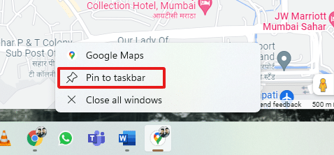 タスクバーに固定されたGoogleマップのショートカット
